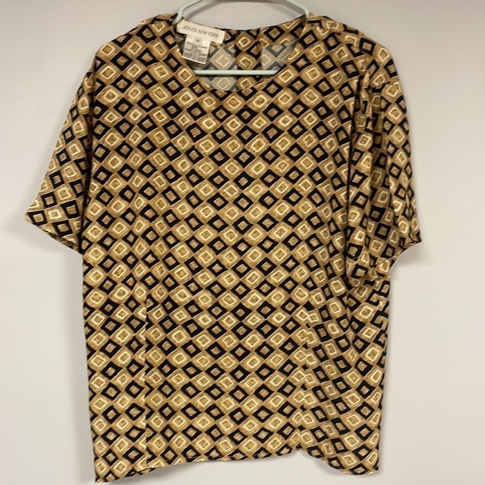 VINTAGE Jones New York Blouse/ Top, 100% Rayon, pullover, black/tan/cream , 10